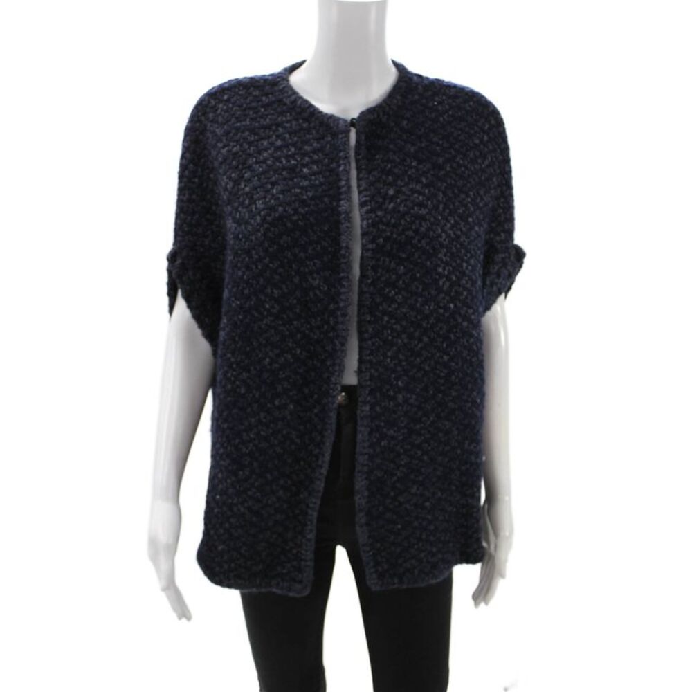 Wehve Unisex Cardigan Dark Blue Merino Wool Blend Hook Eye Round Neck Size L